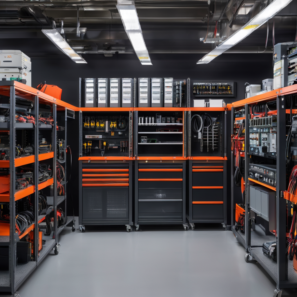 Professional electrical workshop with organized tools and EV charging equipment displays