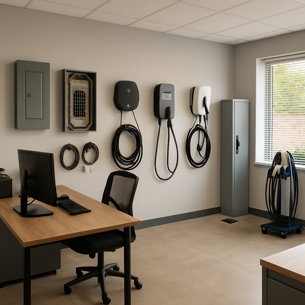Professional electrical workshop showing EV charging equipment and organized tools displays