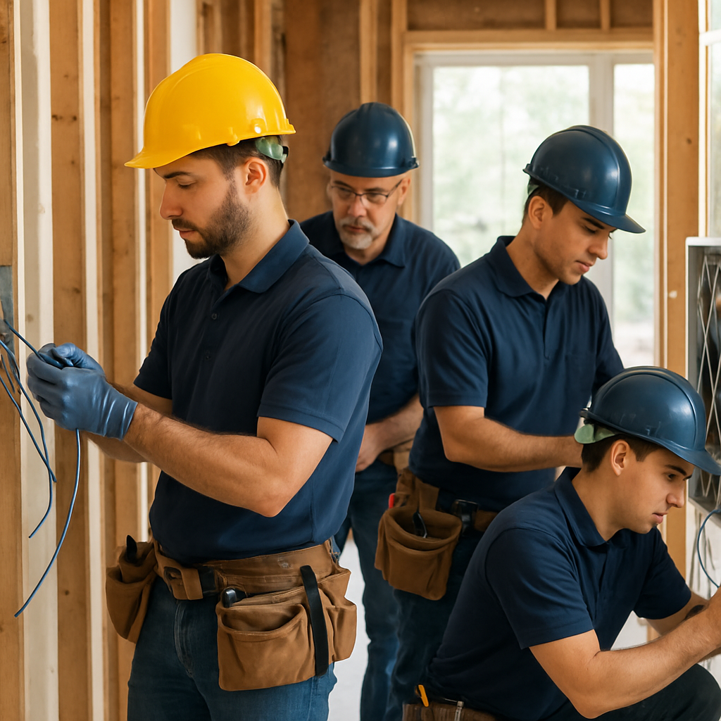 Team of professional electricians working together on a residential electrical project