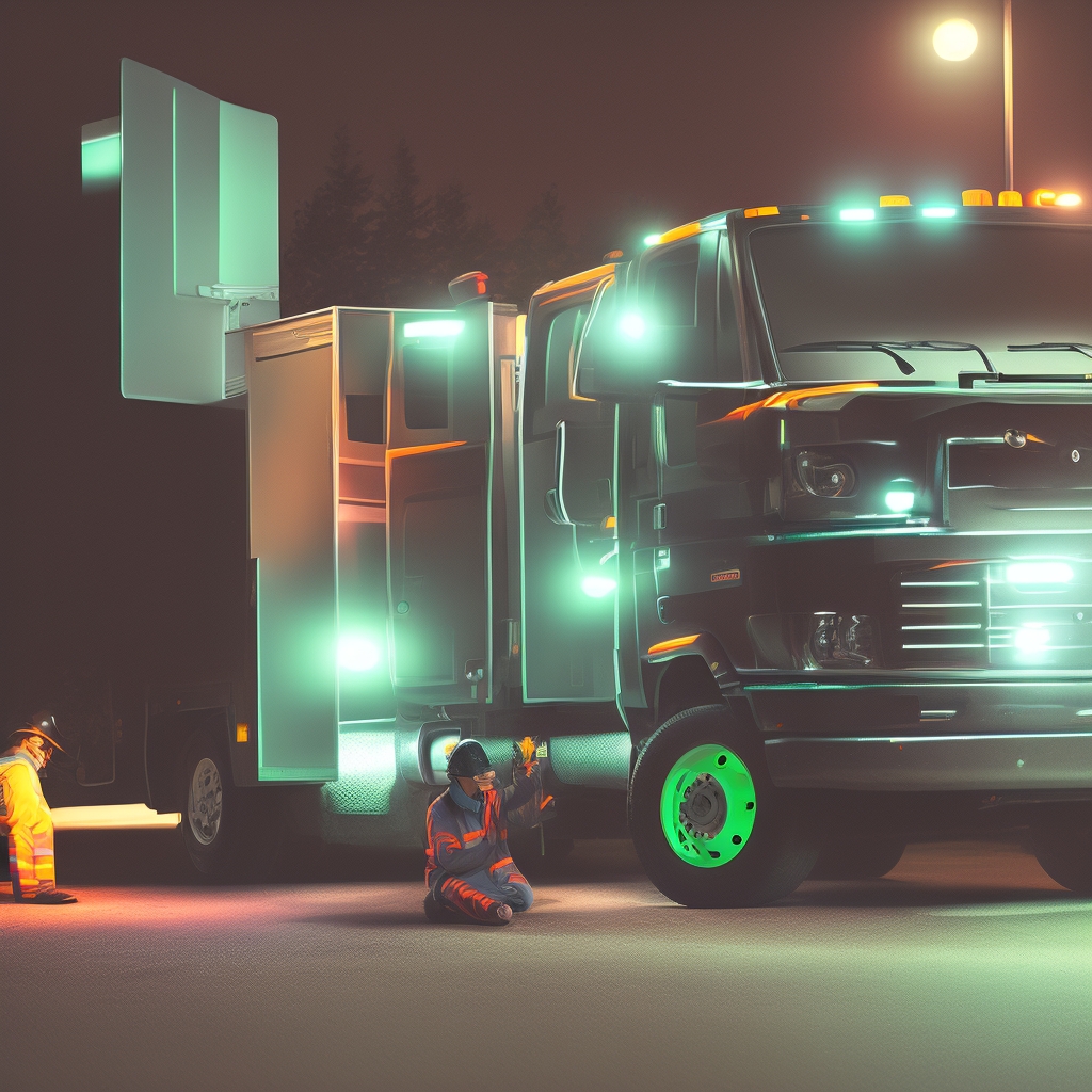 Electrician responding to emergency call at night with work truck and flashlight at residential property.