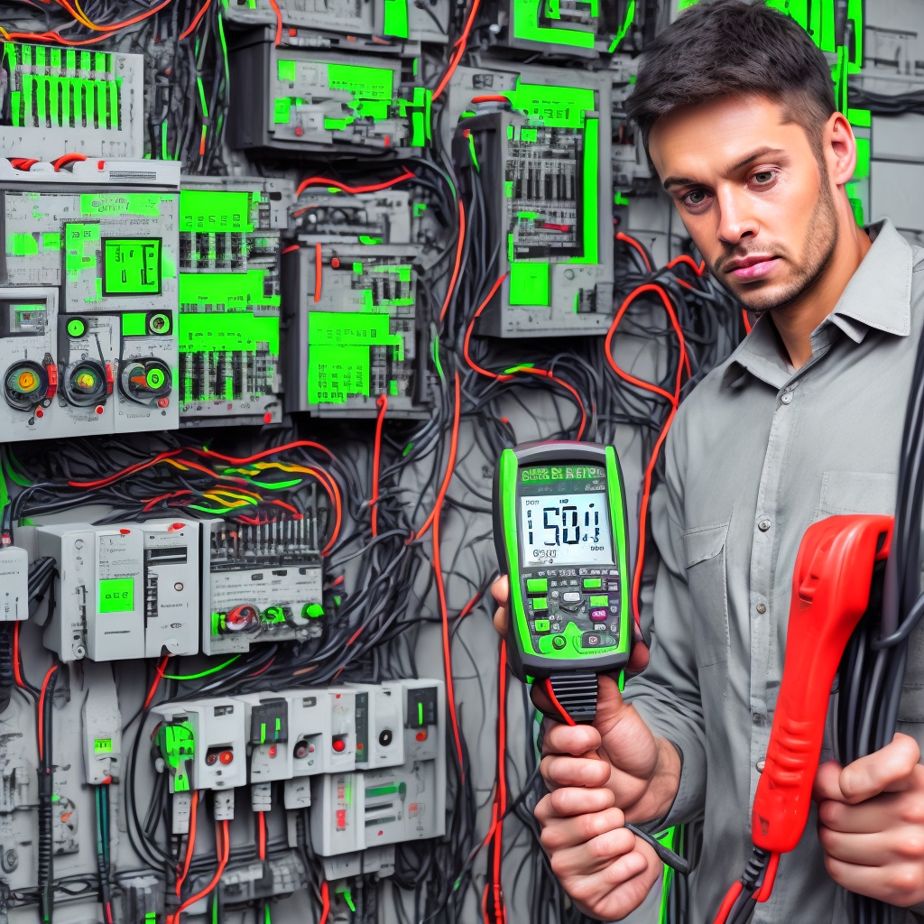 Expert electrician troubleshooting circuit breaker panel with diagnostic multimeter and testing tools