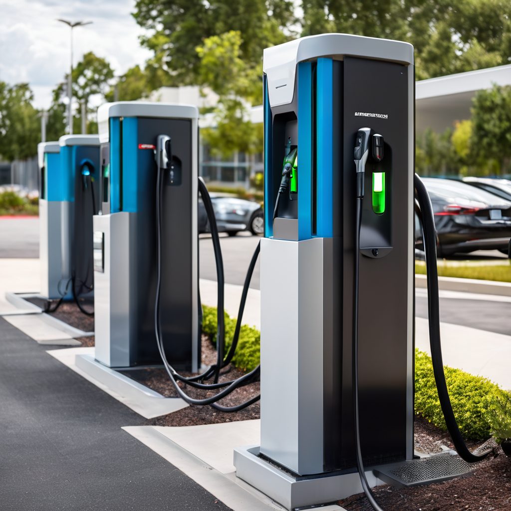Modern electric vehicle charging station with professional electrical infrastructure installation
