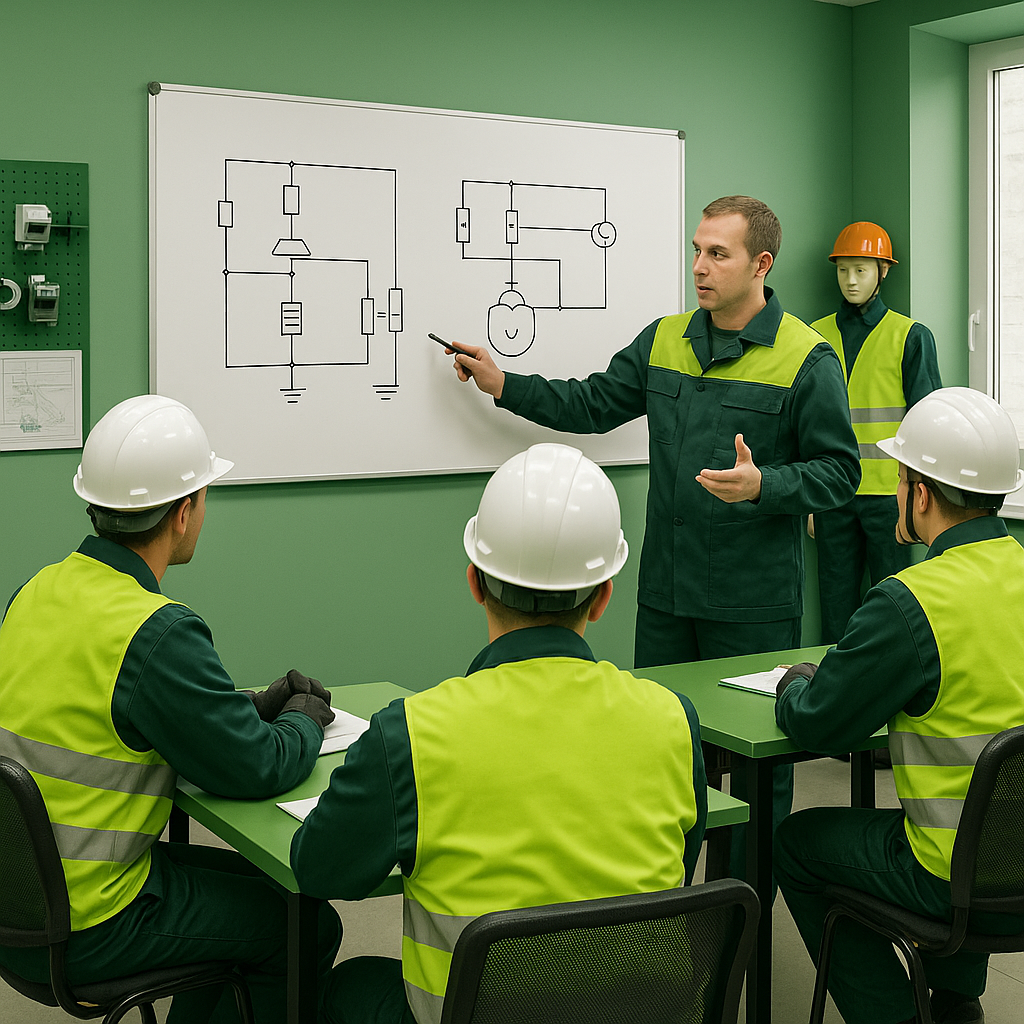 Electrical safety training classroom with instructor demonstrating code and safety procedures to trainees