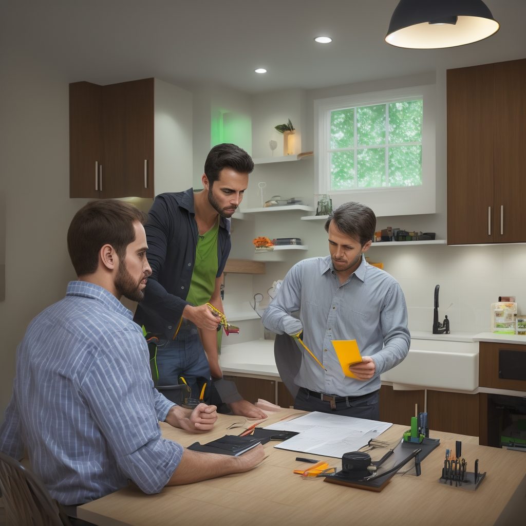 Electrician consulting with homeowner in kitchen about electrical project plan