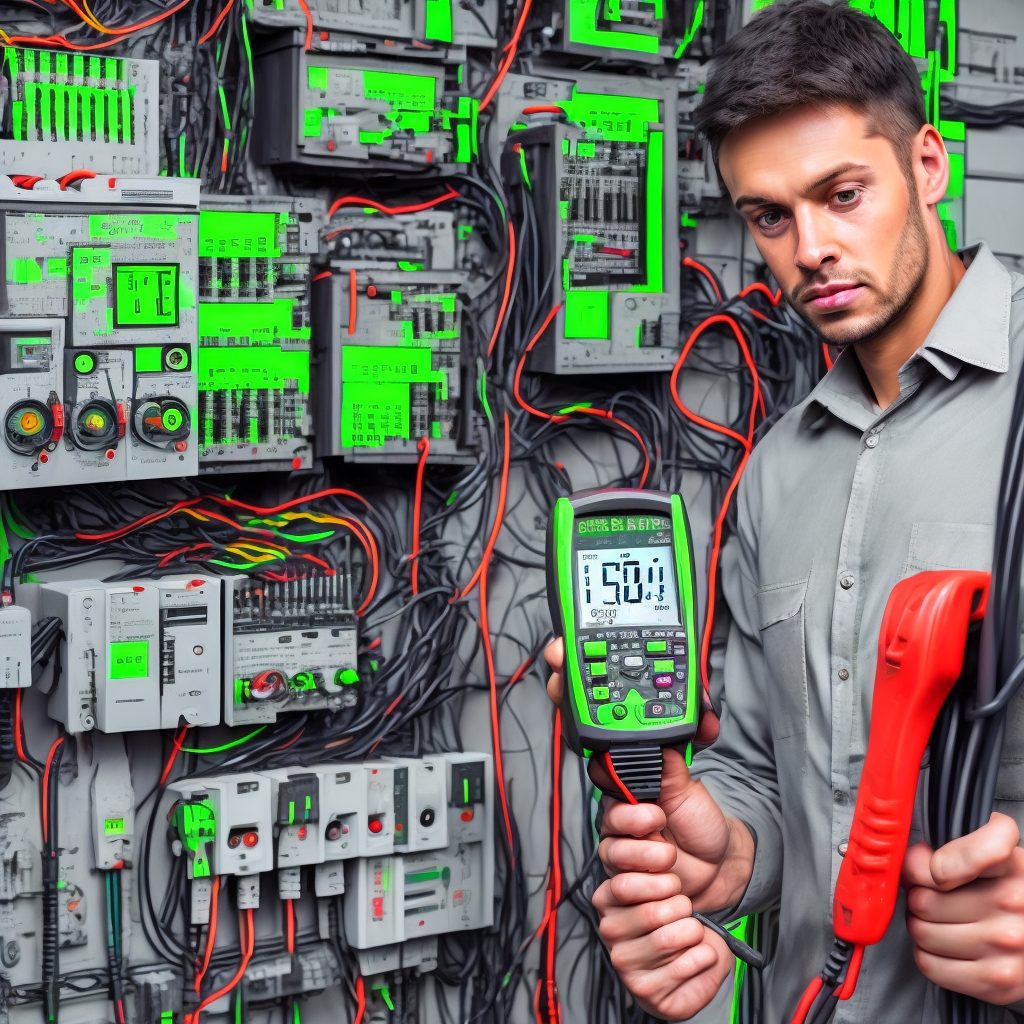 Expert electrician troubleshooting circuit breaker panel with diagnostic multimeter and testing tools