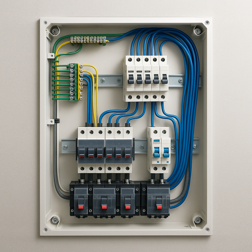 Modern electrical panel with advanced circuit breaker components and professional installation
