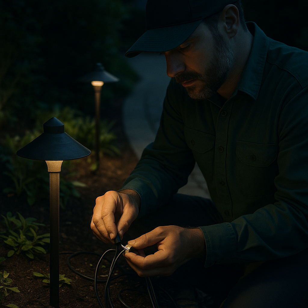 Professional electrician installing outdoor landscape lighting fixtures along residential walkway