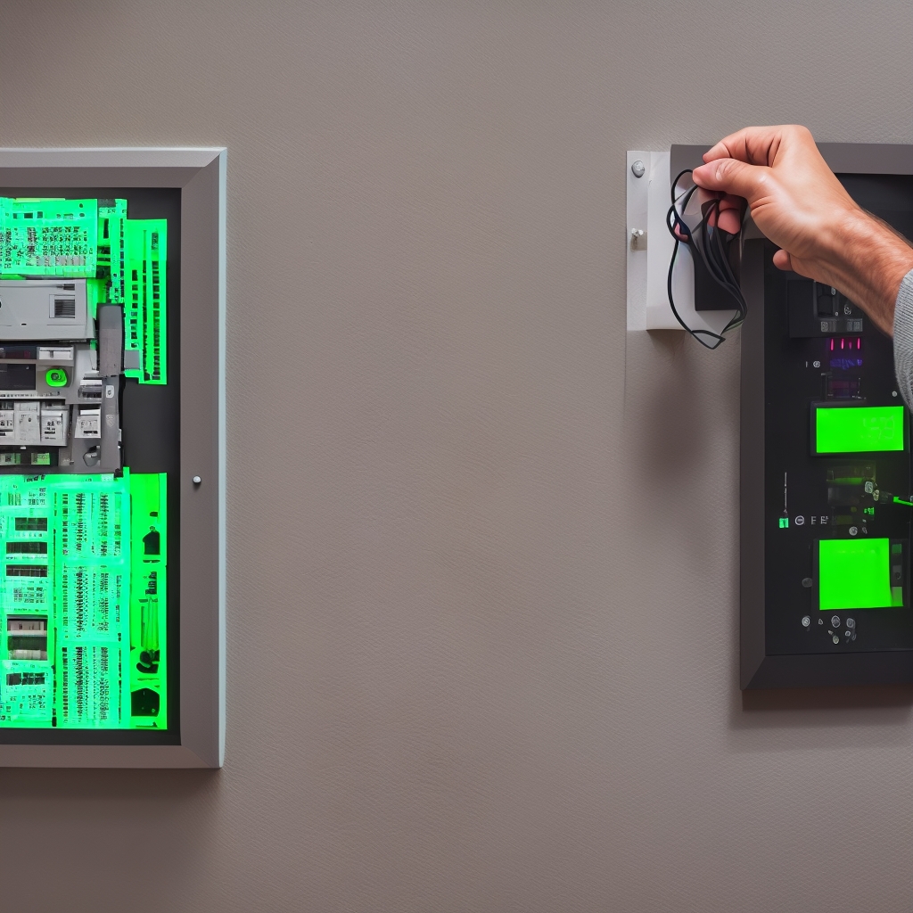 Electrician installing smart home electrical panel with digital monitoring display