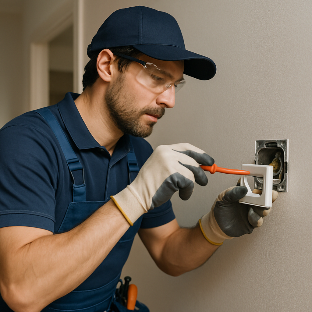 Skilled electrician performing professional installation work at a residential property