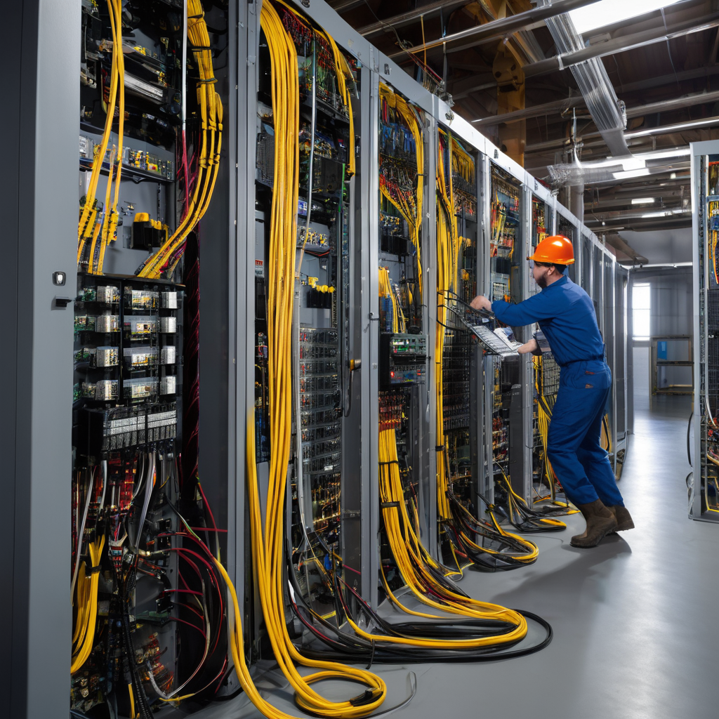Expert electricians installing complex electrical wiring and power infrastructure systems