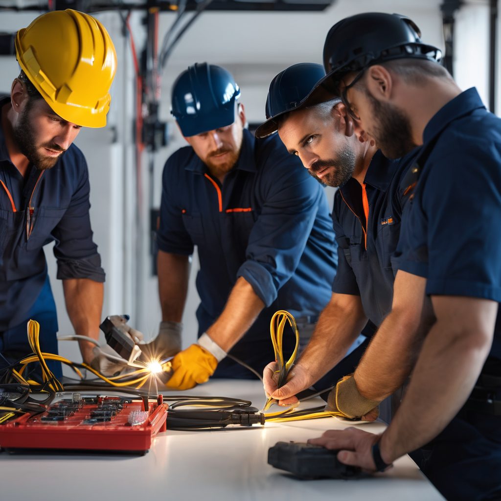 Professional team of electricians collaborating on residential service installation